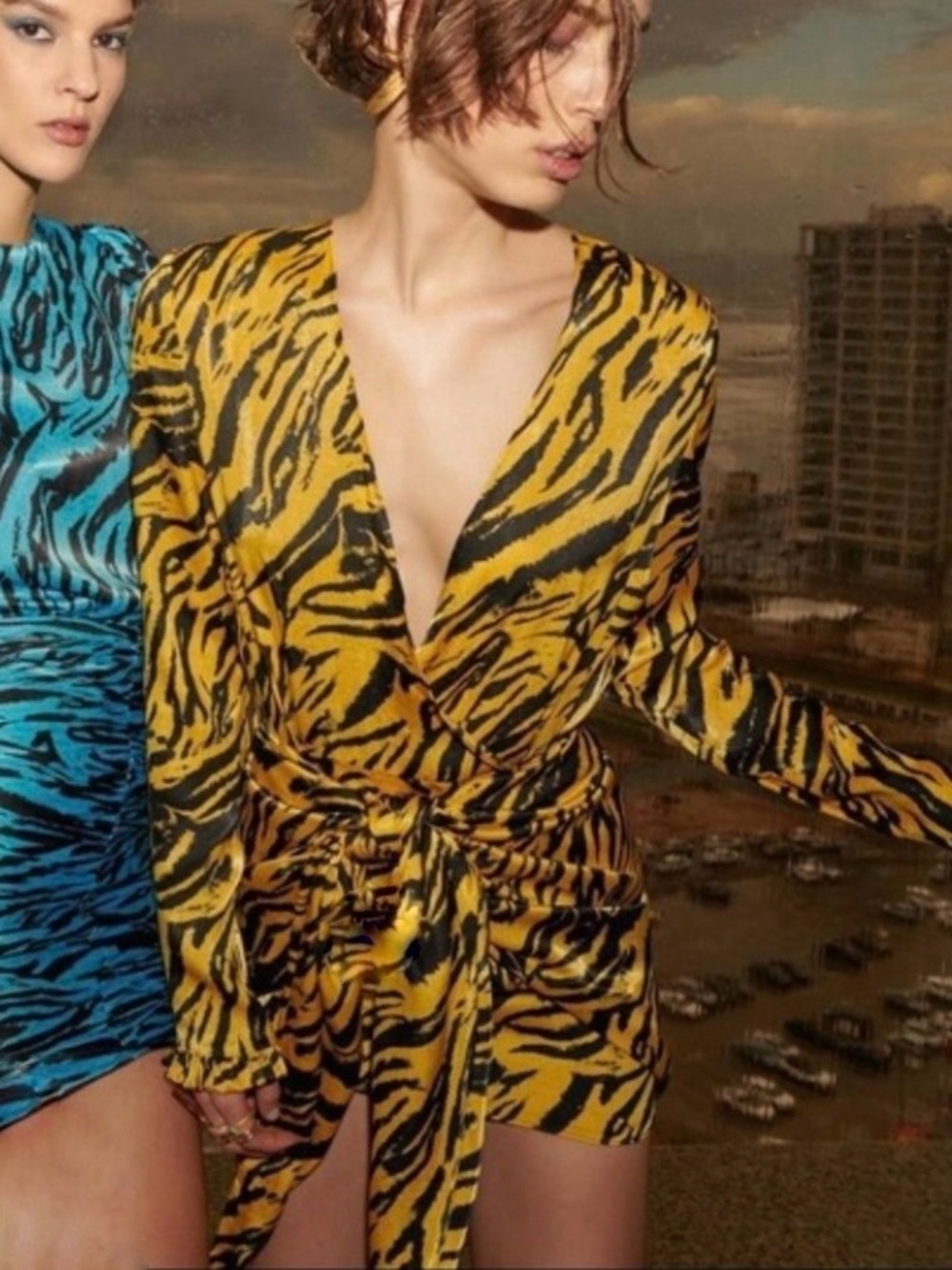 Ronny Kobo Marissa Dress Marigold Animal Print Satin Knot Front Tulip Mini Small